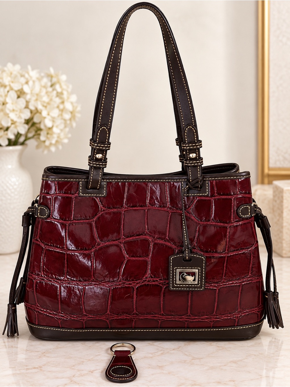 Dooney & Bourke Burgundy Croc Embossed Leather Tassel Shoulder Tote Bag
